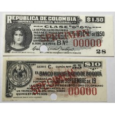 COLOMBIA 1950 . ONE 1 DOLLAR AND FIFTY 50 CENTS . AND TEN 10 DOLLARS . SPECIMEN COUPONS 